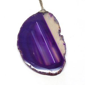 Coldwater Creek Necklace Purple Agate Slice Stone Pendant Silver Tone 31" Chain